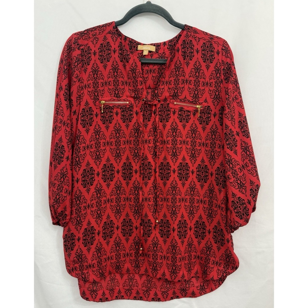 Takara Red Black Print‎ Top Blouse 3/4 Sleeve Womens Size M